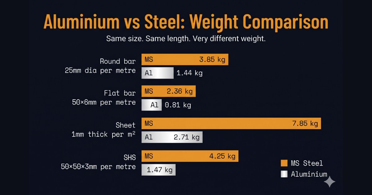 Aluminium vs steel weight comparison chart — round bar, flat bar, sheet, SHS side by side