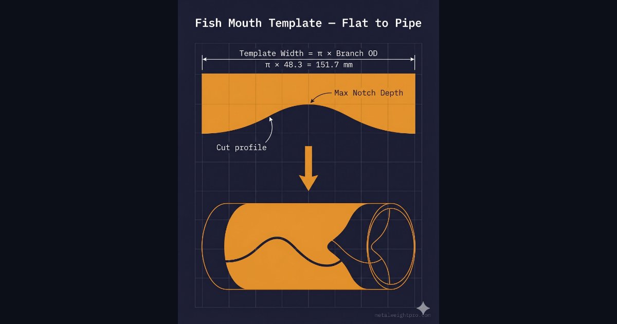Fish mouth pipe template dimensions diagram showing wrap-around layout