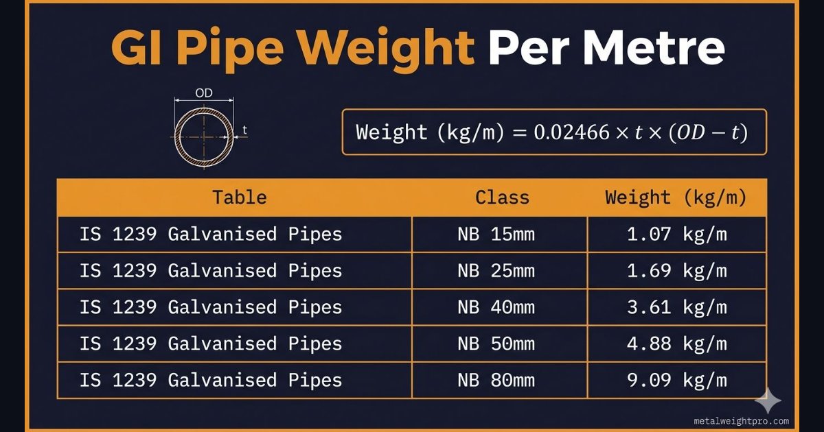 GI pipe weight formula infographic — IS 1239 galvanised pipe weight per metre