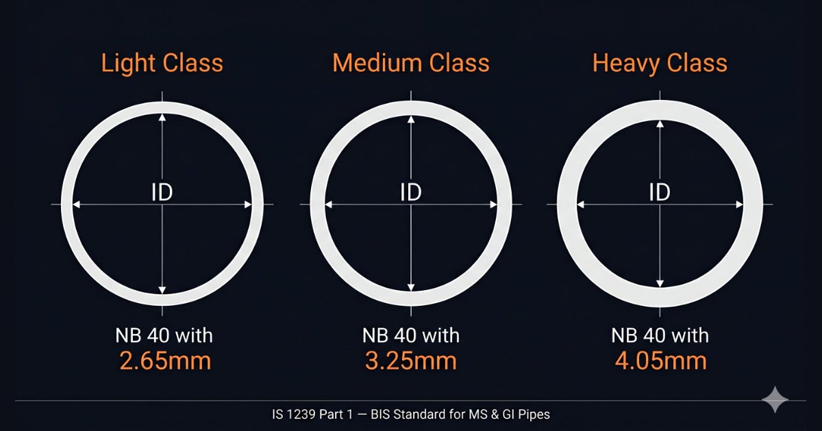 IS 1239 pipe class infographic showing three cross-sections for light medium and heavy wall thickness
