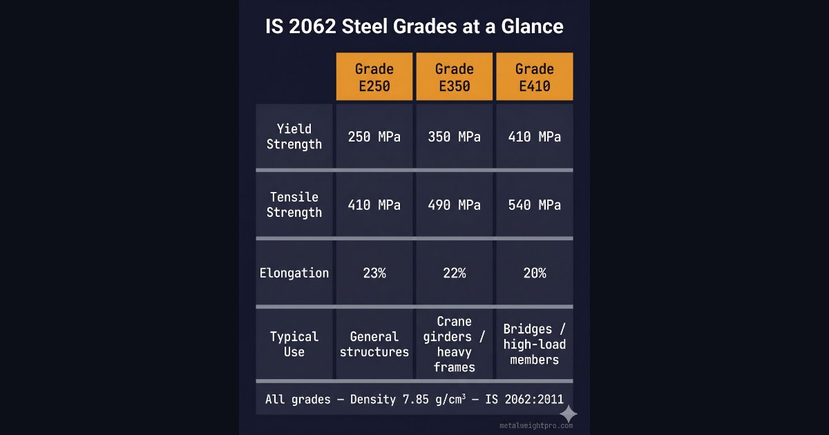 IS 2062 steel grade comparison chart E250 E350 E410 properties