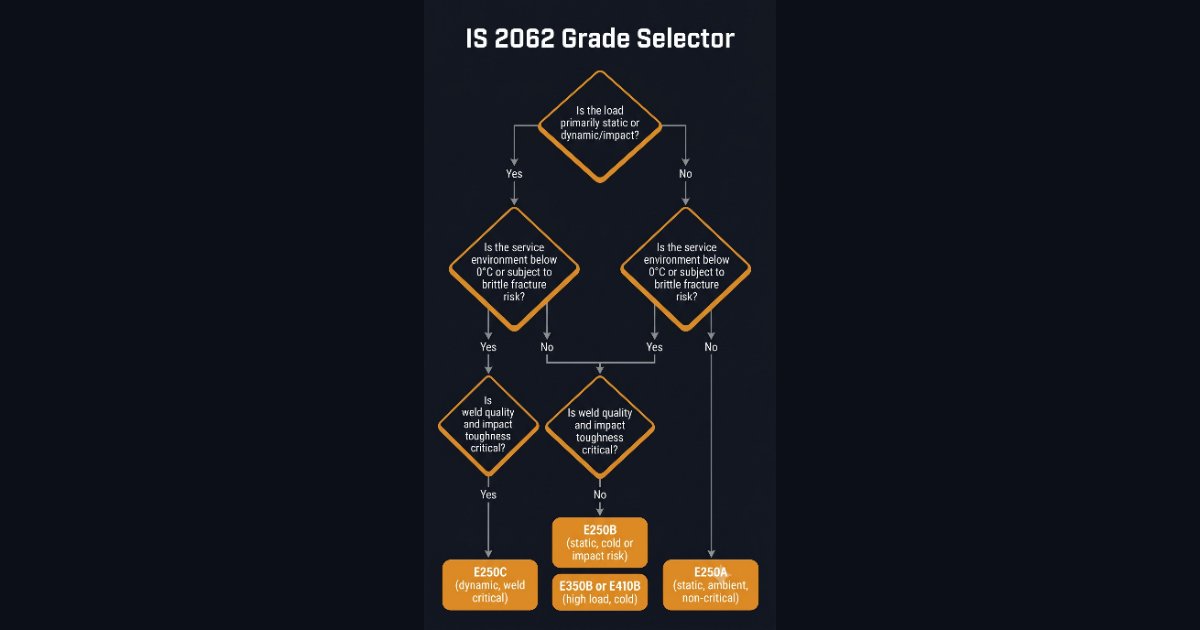 IS 2062 grade selector decision tree showing three questions on load type, impact risk and service environment leading to recommended grade
