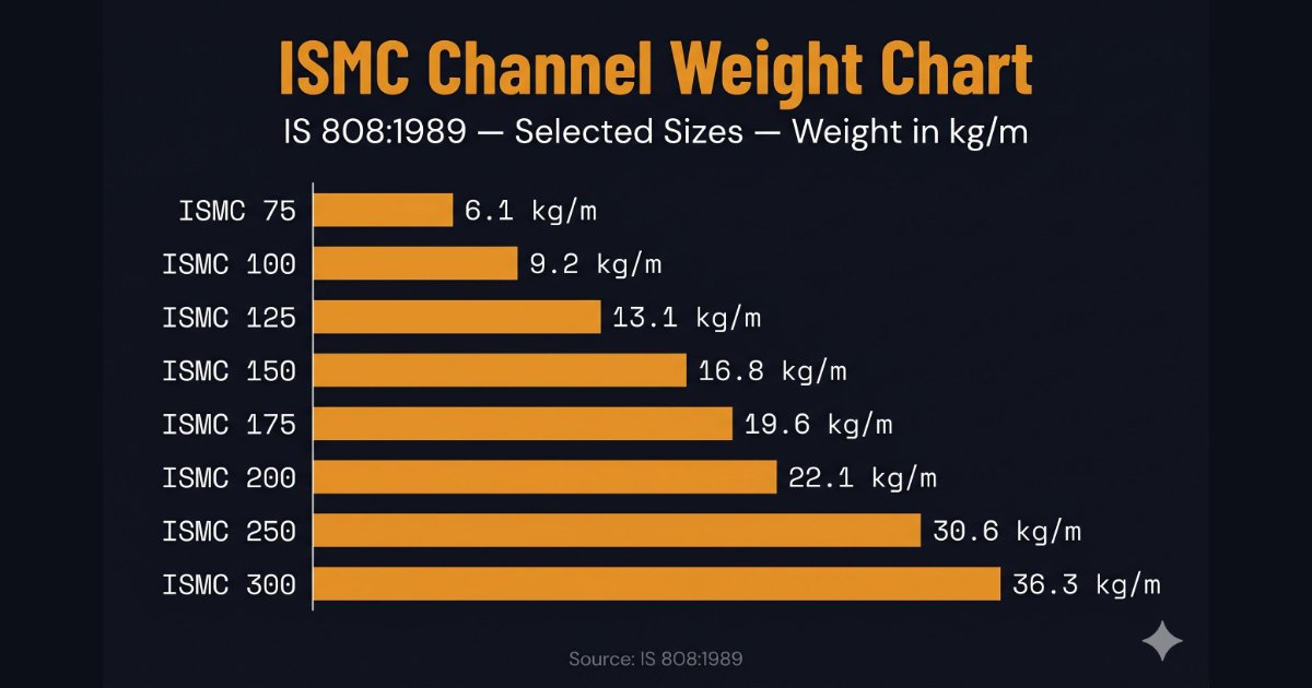 ISMC channel weight chart infographic — ISMC 75 to ISMC 300 horizontal bar chart in kg/m
