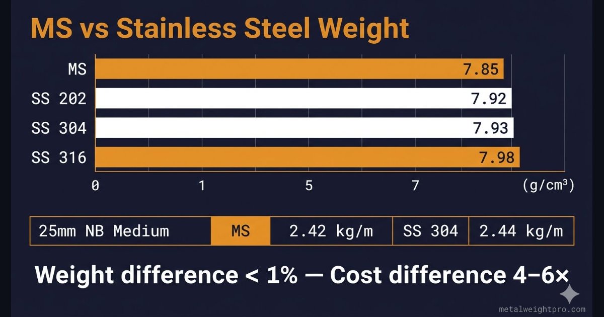 Mild steel vs stainless steel weight comparison infographic — density and kg/m difference