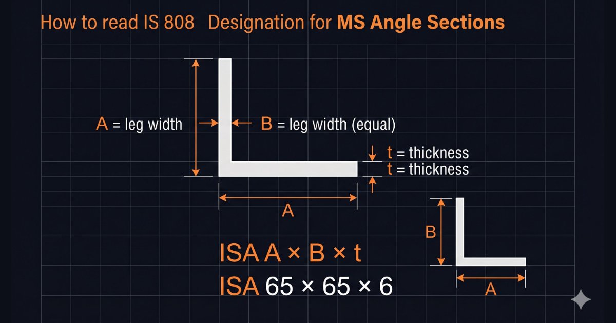 MS angle section diagram showing leg dimensions A and B and thickness t with ISA designation label