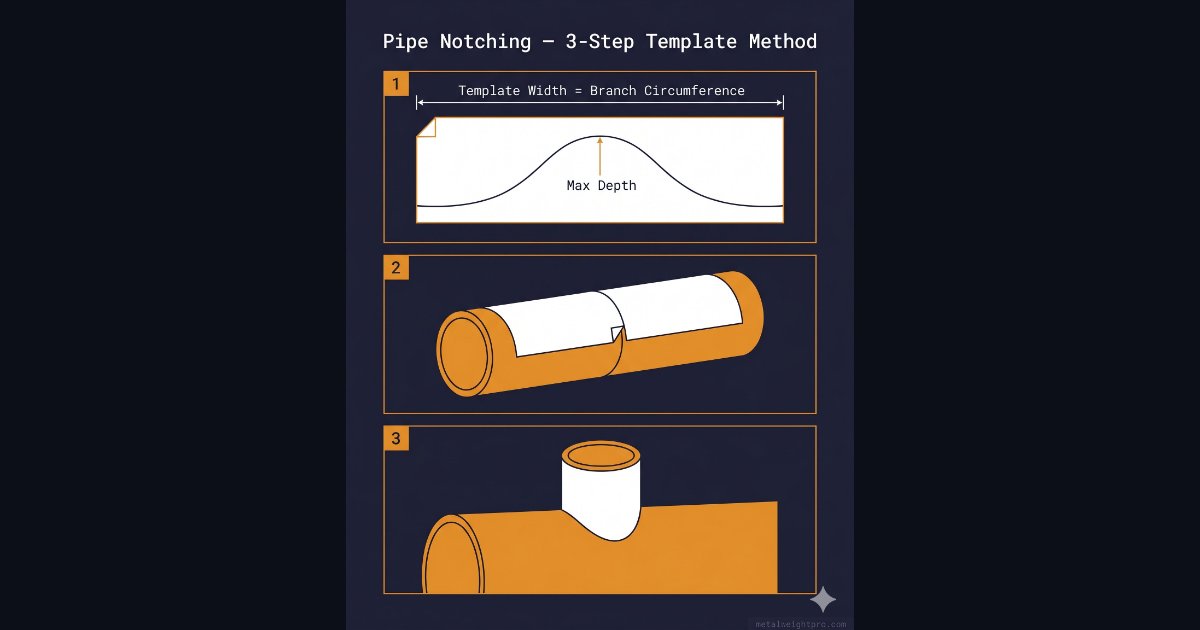 Pipe notching template layout steps from flat printout to saddle cut