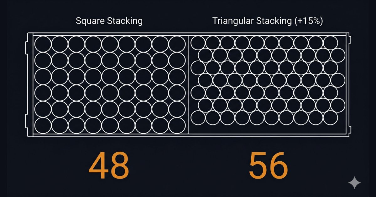 Top-view diagram of truck deck showing square stacking versus triangular stacking of pipes with piece count comparison