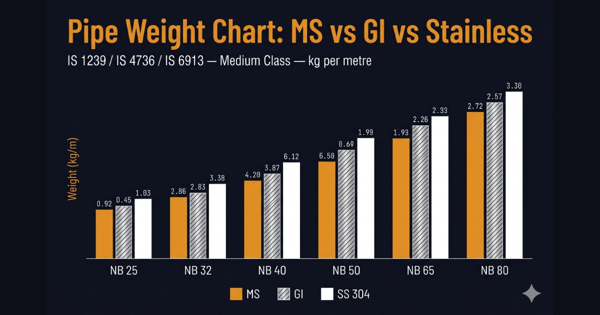 Pipe weight chart infographic comparing MS, GI and SS 304 for NB 25 to NB 80