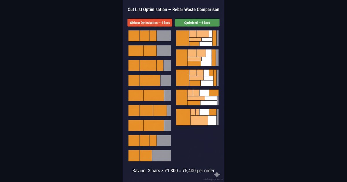 Rebar cutting optimization diagram comparing naive vs optimised cut list