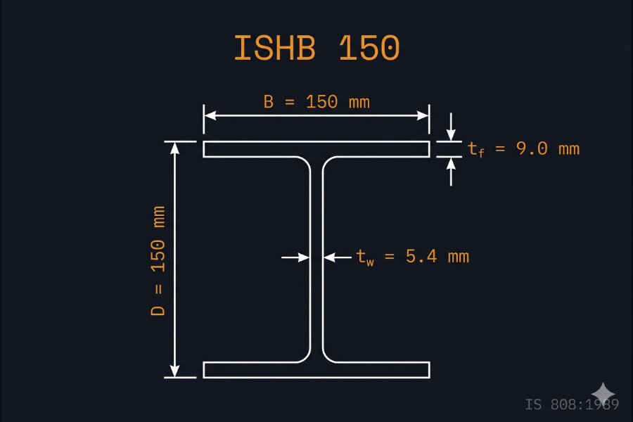 ISHB 150 cross-section diagram showing depth 150 mm and flange width 150 mm per IS 808:1989