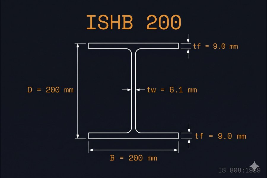 ISHB 200 cross-section diagram showing equal depth 200 mm and flange width 200 mm per IS 808:1989