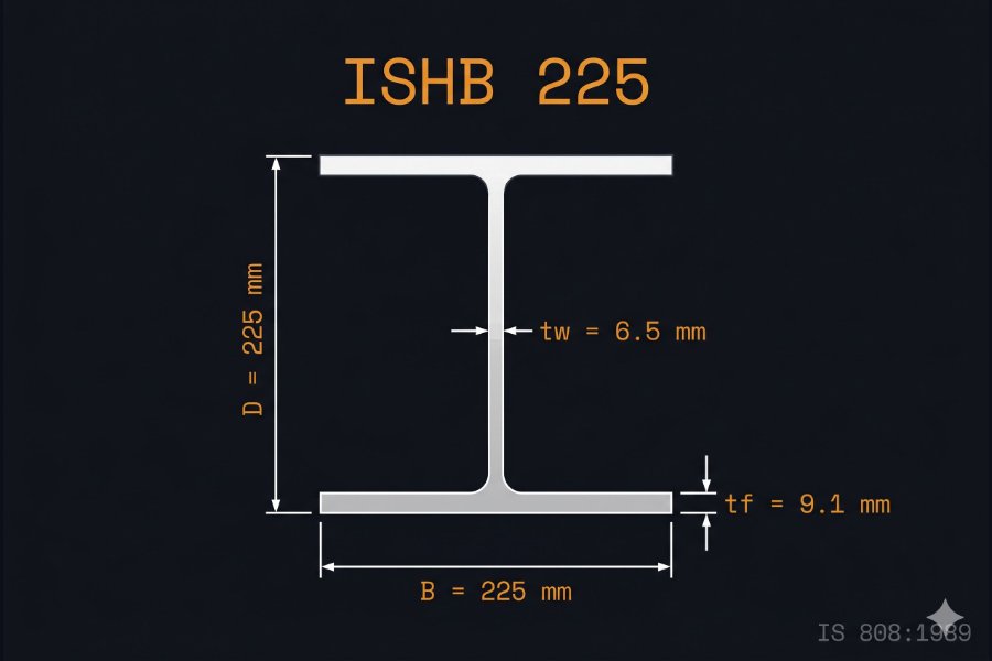 ISHB 225 cross-section diagram showing equal depth 225 mm and flange width 225 mm per IS 808:1989