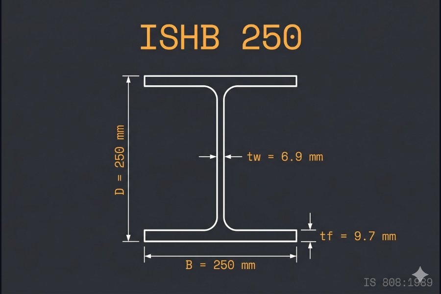 ISHB 250 cross-section diagram showing equal depth 250 mm and flange width 250 mm per IS 808:1989