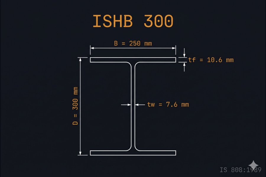 ISHB 300 cross-section diagram showing depth 300 mm and flange width 250 mm per IS 808:1989
