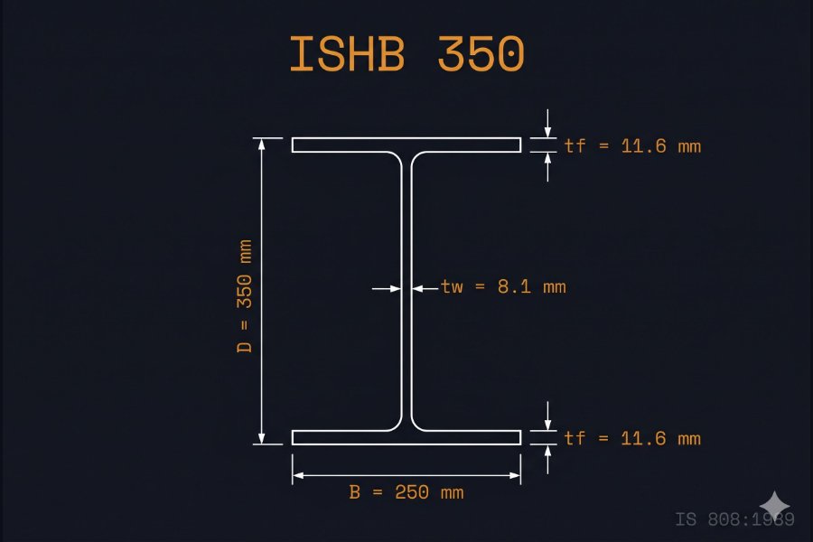 ISHB 350 cross-section diagram showing depth 350 mm and flange width 250 mm per IS 808:1989