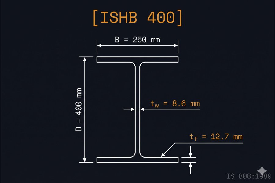 ISHB 400 cross-section diagram showing depth 400 mm and flange width 250 mm per IS 808:1989