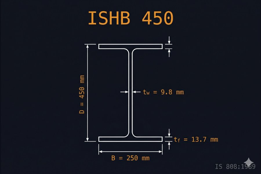 ISHB 450 cross-section diagram showing depth 450 mm and flange width 250 mm per IS 808:1989
