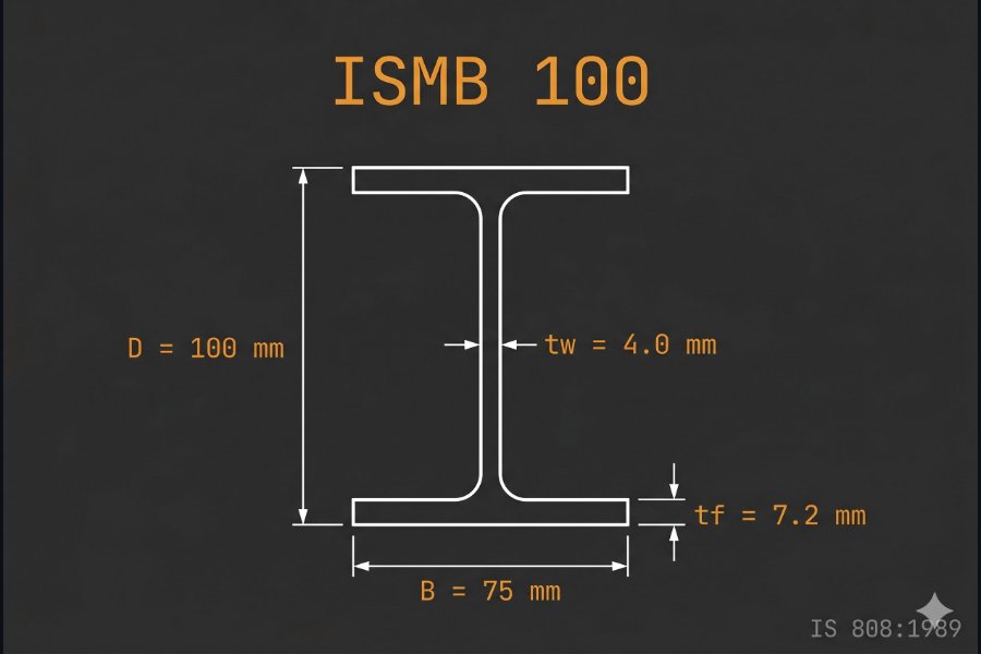 ISMB 100 cross-section diagram showing depth 100 mm, flange width 75 mm, web thickness 4.0 mm per IS 808:1989