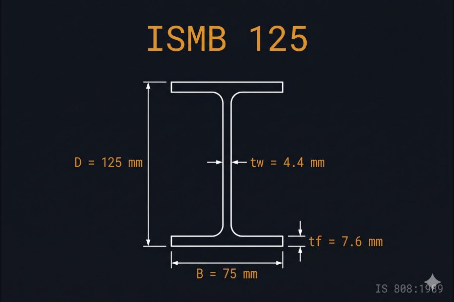 ISMB 125 cross-section diagram showing depth 125 mm, flange width 75 mm, web thickness 4.4 mm per IS 808:1989