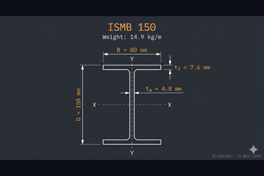 ISMB 150 cross-section diagram showing depth 150 mm, flange width 80 mm, web thickness 4.8 mm per IS 808:1989