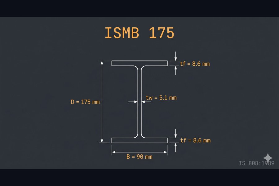 ISMB 175 cross-section diagram showing depth 175 mm, flange width 90 mm, web thickness 5.1 mm per IS 808:1989