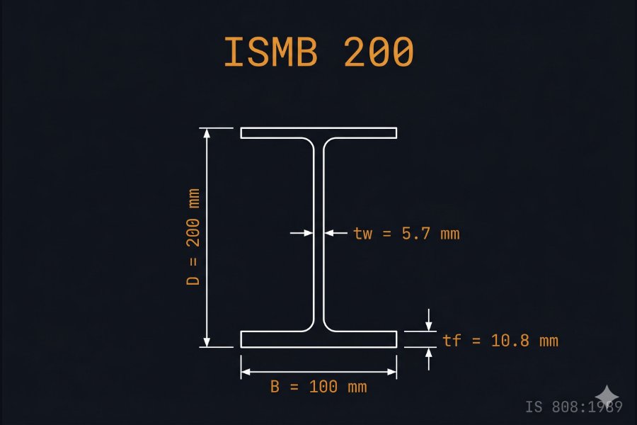 ISMB 200 cross-section diagram showing depth 200 mm, flange width 100 mm, web thickness 5.7 mm per IS 808:1989