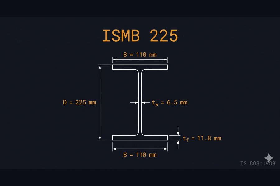 ISMB 225 cross-section diagram showing depth 225 mm, flange width 110 mm, web thickness 6.5 mm per IS 808:1989
