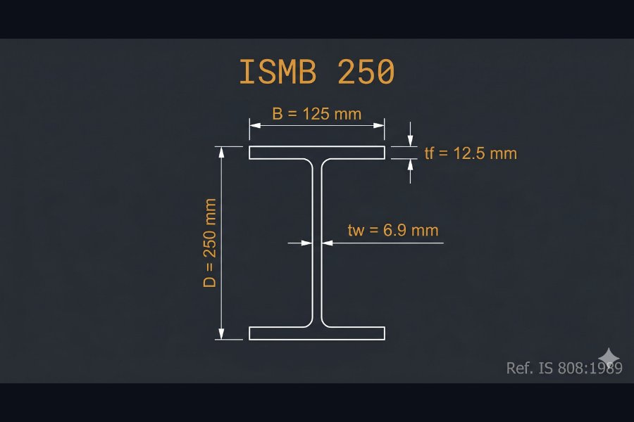 ISMB 250 cross-section diagram showing depth 250 mm, flange width 125 mm, web thickness 6.9 mm per IS 808:1989