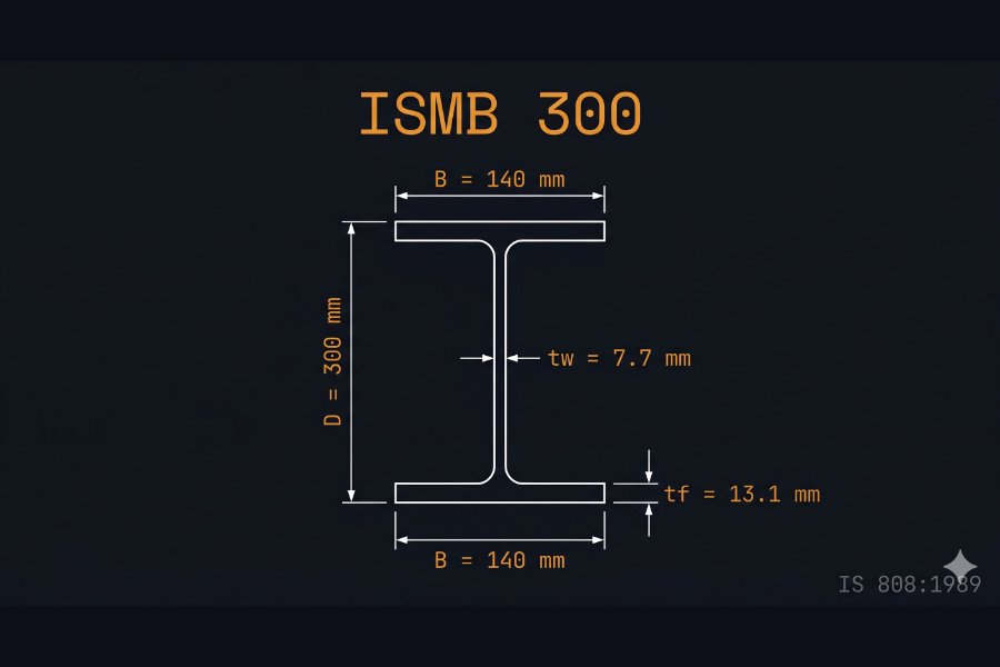 ISMB 300 cross-section diagram showing depth 300 mm, flange width 140 mm, web thickness 7.7 mm per IS 808:1989