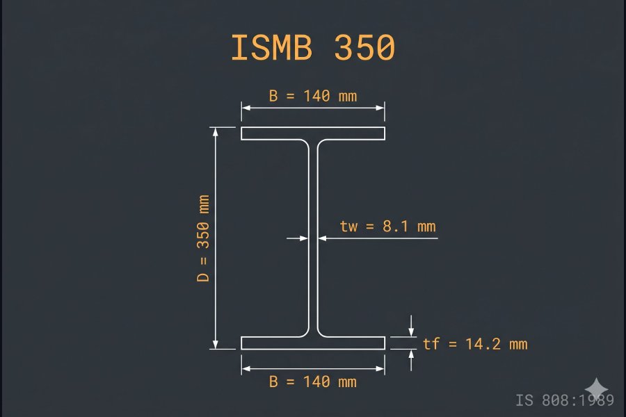 ISMB 350 cross-section diagram showing depth 350 mm, flange width 140 mm, web thickness 8.1 mm per IS 808:1989