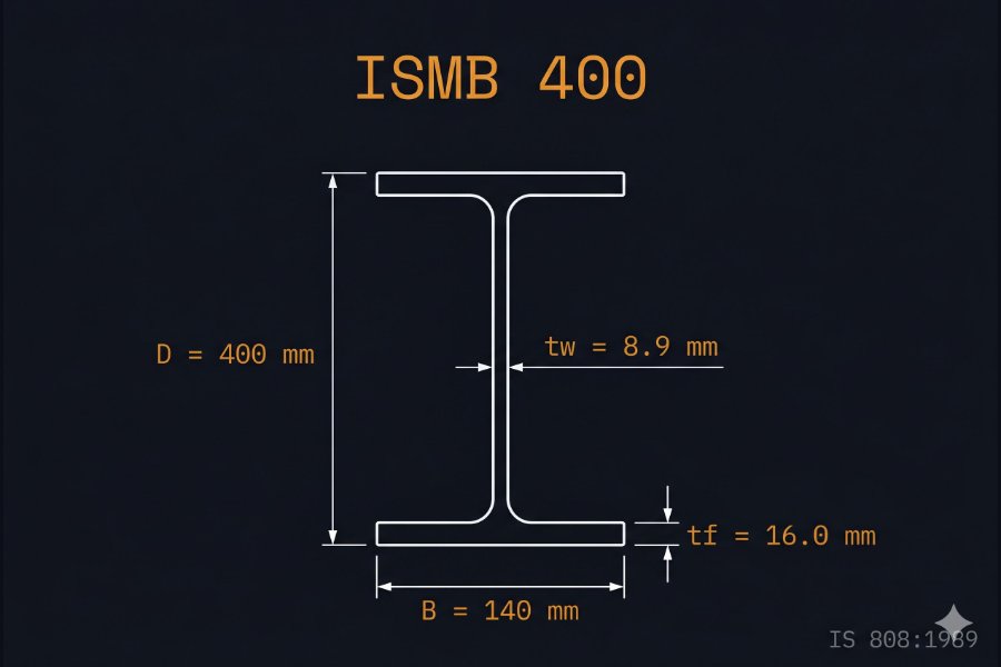 ISMB 400 cross-section diagram showing depth 400 mm, flange width 140 mm, web thickness 8.9 mm per IS 808:1989
