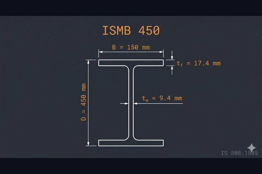 ISMB 450 cross-section diagram showing depth 450 mm, flange width 150 mm, web thickness 9.4 mm per IS 808:1989