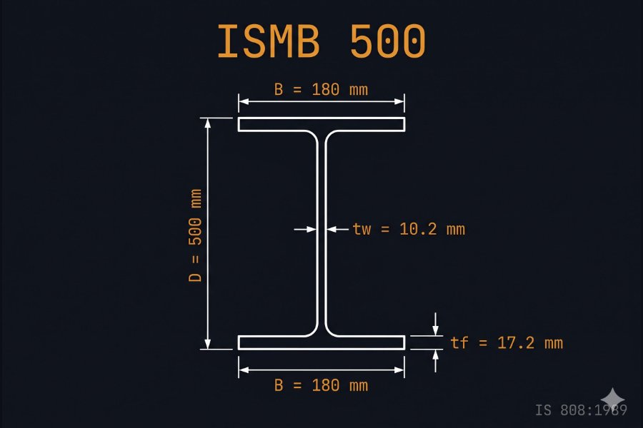 ISMB 500 cross-section diagram showing depth 500 mm, flange width 180 mm, web thickness 10.2 mm per IS 808:1989