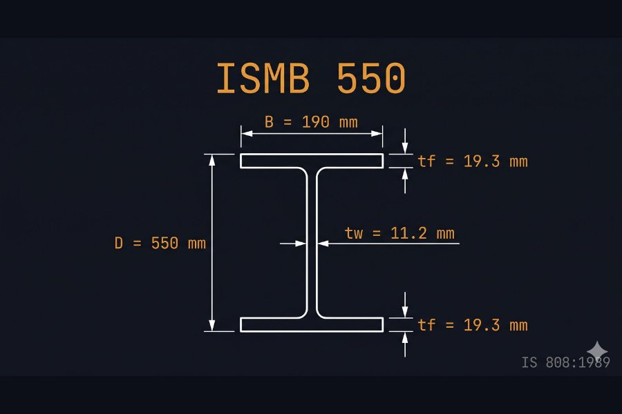 ISMB 550 cross-section diagram showing depth 550 mm, flange width 190 mm, web thickness 11.2 mm per IS 808:1989