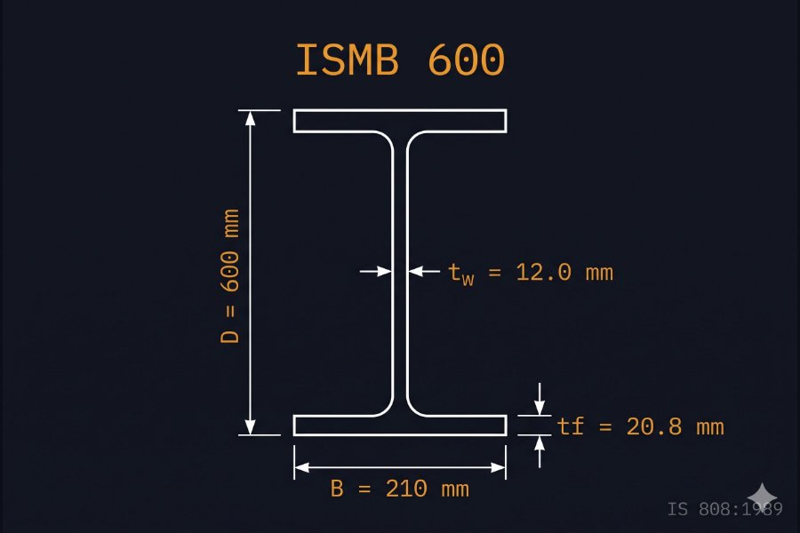 ISMB 600 cross-section diagram showing depth 600 mm, flange width 210 mm, web thickness 12.0 mm per IS 808:1989