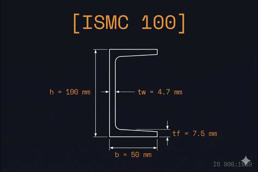 ISMC 100 cross-section diagram showing web height 100 mm, flange width 50 mm, web thickness 4.7 mm per IS 808:1989