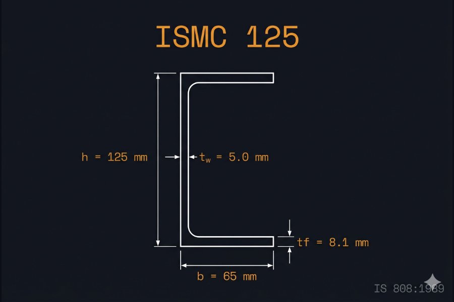 ISMC 125 cross-section diagram showing web height 125 mm, flange width 65 mm, web thickness 5.0 mm per IS 808:1989