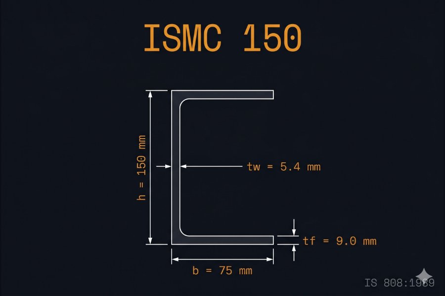 ISMC 150 cross-section diagram showing web height 150 mm, flange width 75 mm, web thickness 5.4 mm per IS 808:1989