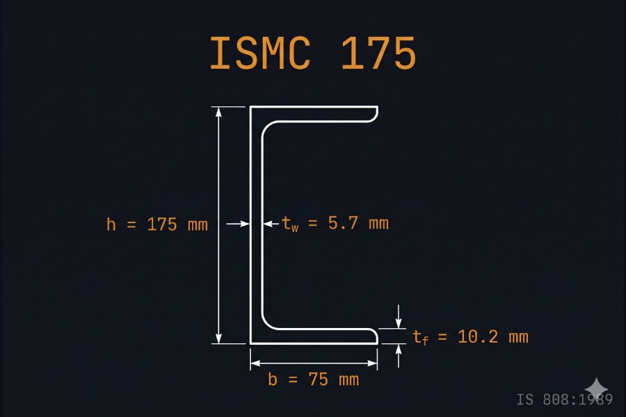 ISMC 175 cross-section diagram showing web height 175 mm, flange width 75 mm, web thickness 5.7 mm per IS 808:1989