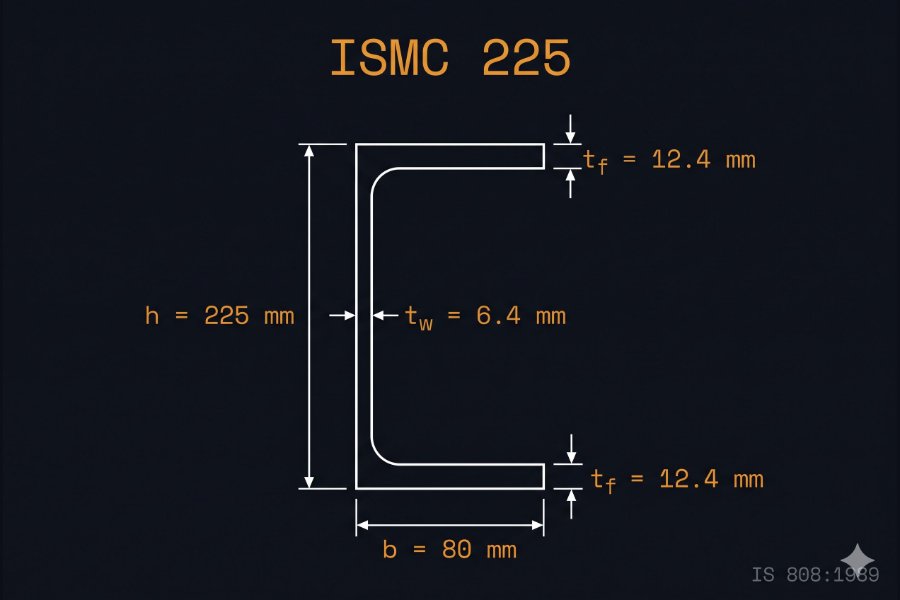 ISMC 225 cross-section diagram showing web height 225 mm, flange width 80 mm, web thickness 6.4 mm per IS 808:1989