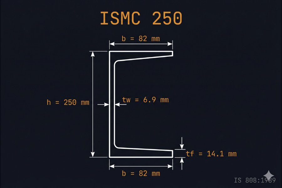 ISMC 250 cross-section diagram showing web height 250 mm, flange width 80 mm, web thickness 7.2 mm per IS 808:1989