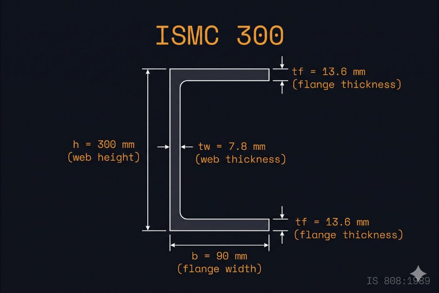 ISMC 300 cross-section diagram showing web height 300 mm, flange width 90 mm, web thickness 7.8 mm per IS 808:1989