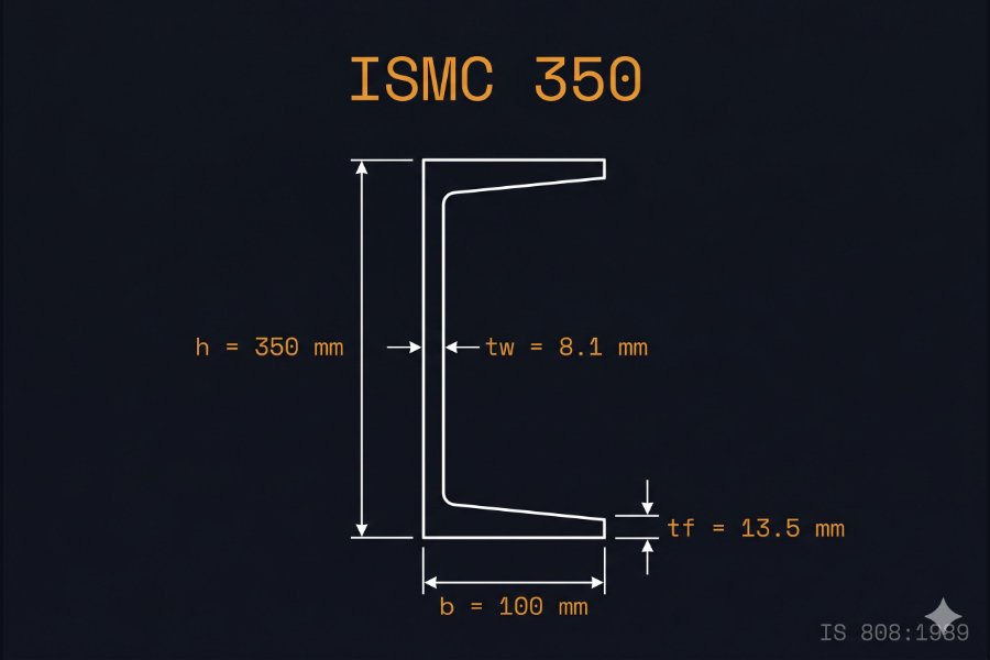ISMC 350 cross-section diagram showing web height 350 mm, flange width 100 mm, web thickness 8.1 mm per IS 808:1989