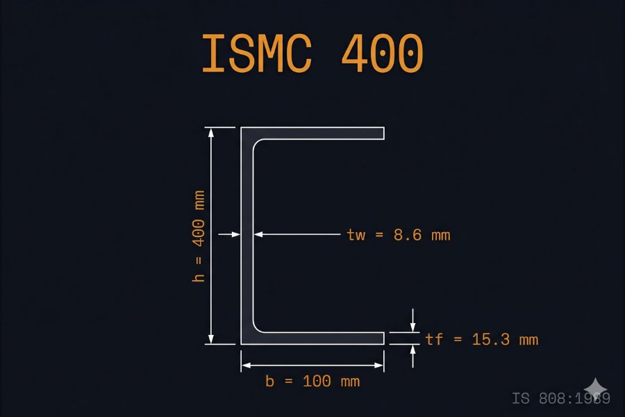 ISMC 400 cross-section diagram showing web height 400 mm, flange width 100 mm, web thickness 8.6 mm per IS 808:1989