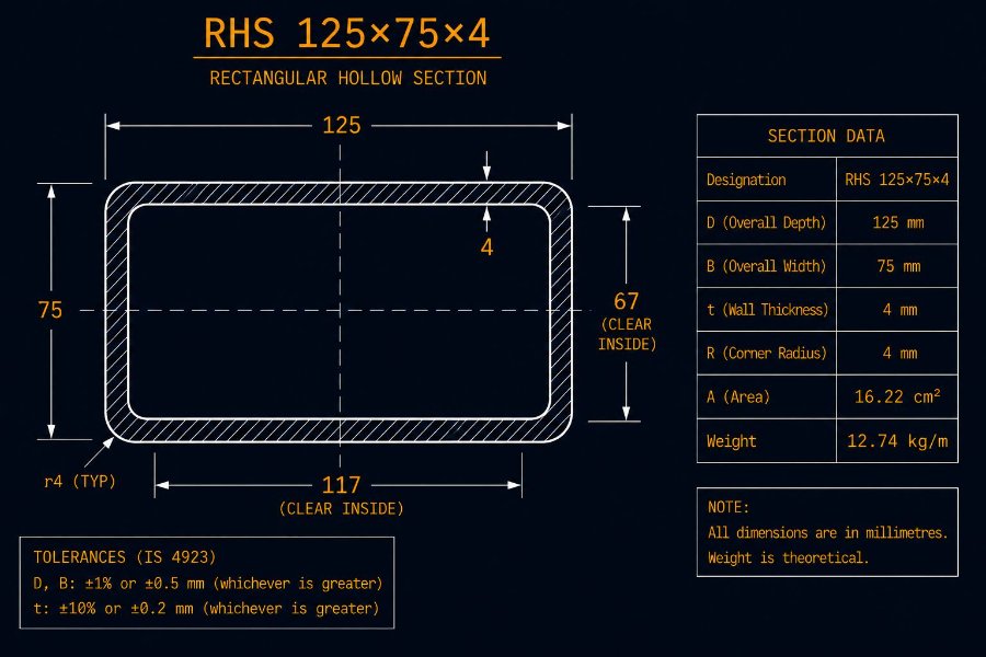 125×75×4 RHS cross-section diagram showing 125 mm width, 75 mm height and 4.0 mm wall per IS 4923:1997