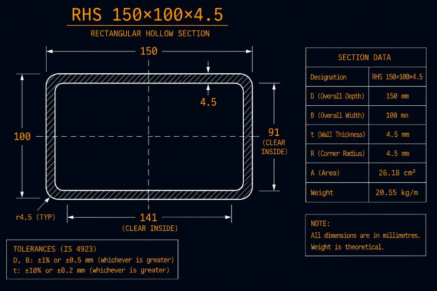 150×100×4.5 RHS cross-section diagram showing 150 mm width, 100 mm height and 4.5 mm wall per IS 4923:1997
