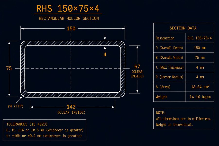 150×75×4 RHS cross-section diagram showing 150 mm width, 75 mm height and 4.0 mm wall per IS 4923:1997