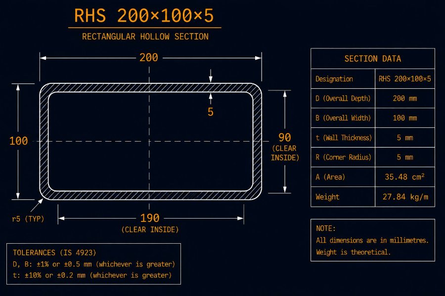 200×100×5 RHS cross-section diagram showing 200 mm width, 100 mm height and 5.0 mm wall per IS 4923:1997