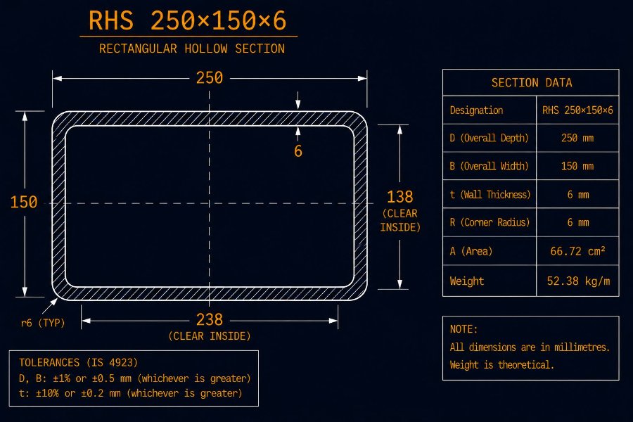250×150×6 RHS cross-section diagram showing 250 mm width, 150 mm height and 6.0 mm wall per IS 4923:1997