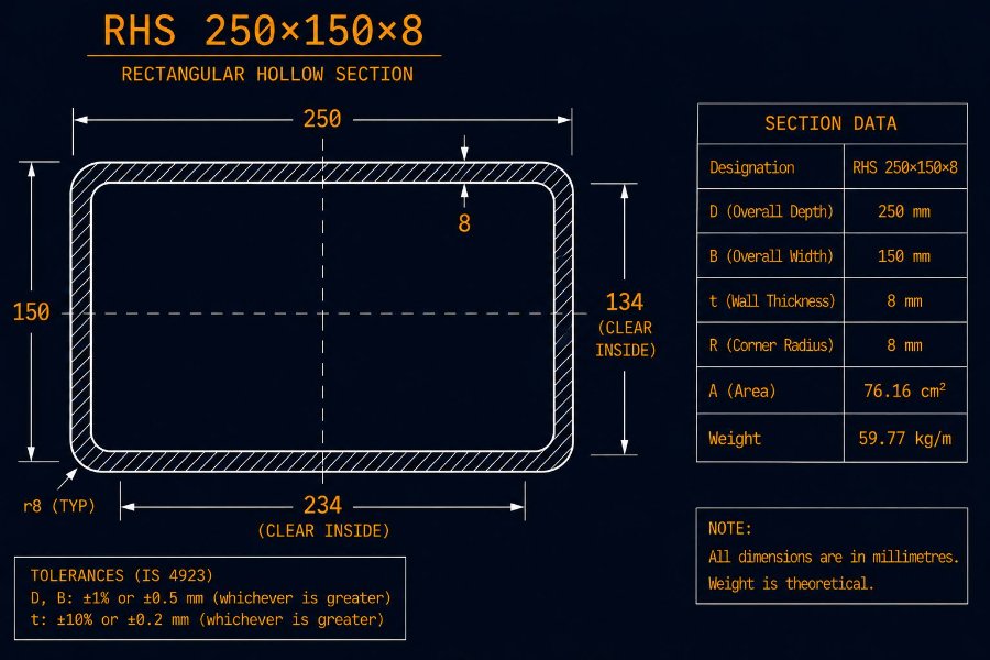 250×150×8 RHS cross-section diagram showing 250 mm width, 150 mm height and 8.0 mm wall per IS 4923:1997